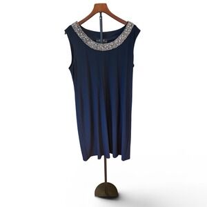 Classy R & M Collection Navy Blue Sleeveless Rhinestone‎ Neckline Shift Dress 16